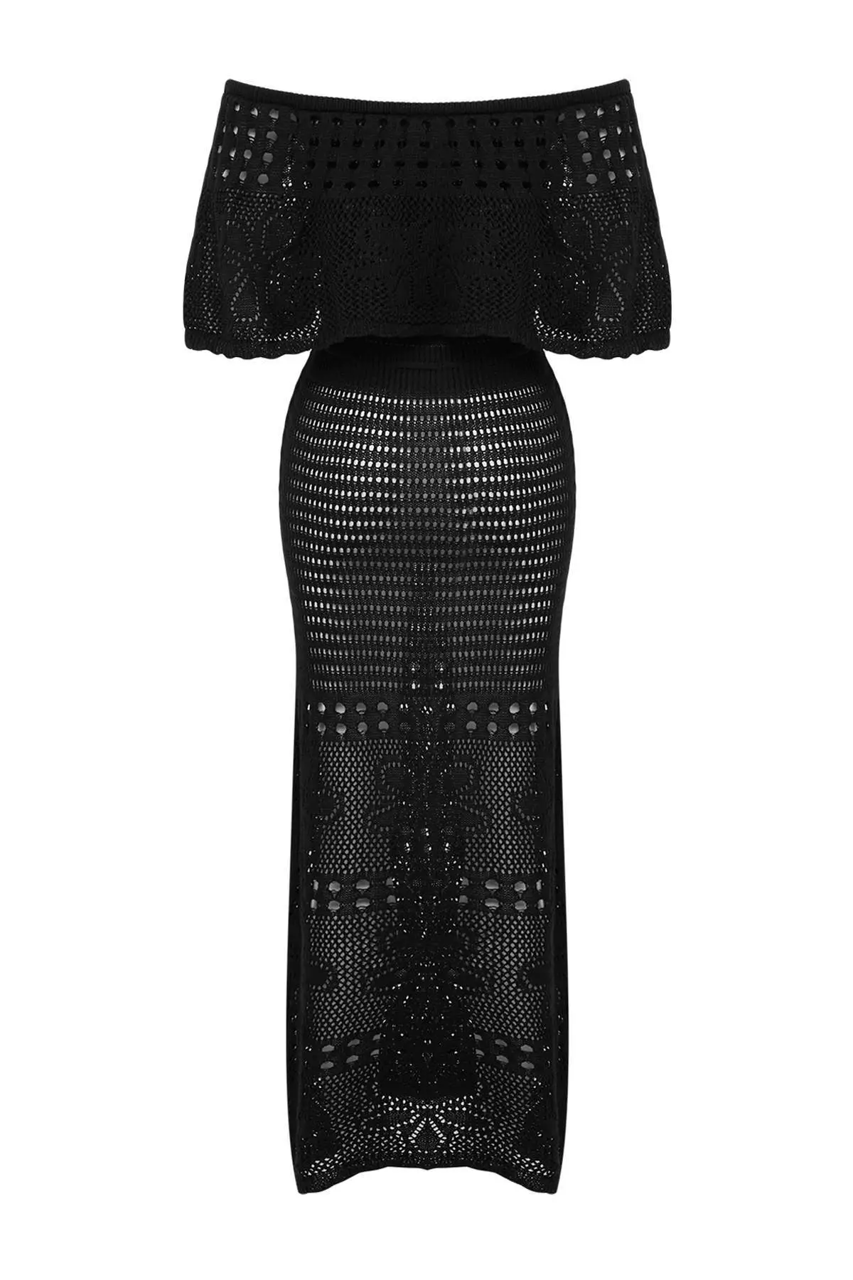 Black Knitwear Maxi Carmen Collar Beach Dress Tbess26El38