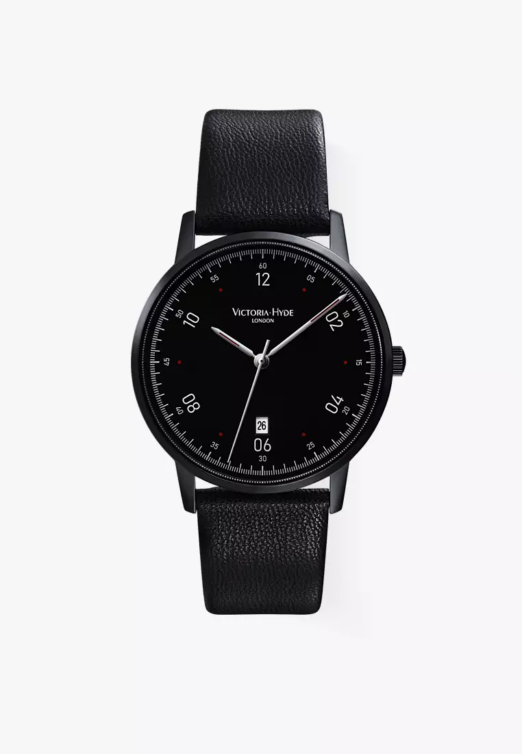 Men's Casual Watch φ39mm Round Dial vegan leather Strap Bauhaus Style Calendar Function Waterproof Watch Orton-Black