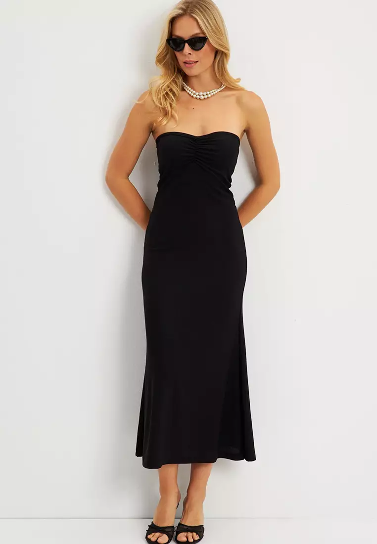 Strapless Ruched Midi Dress