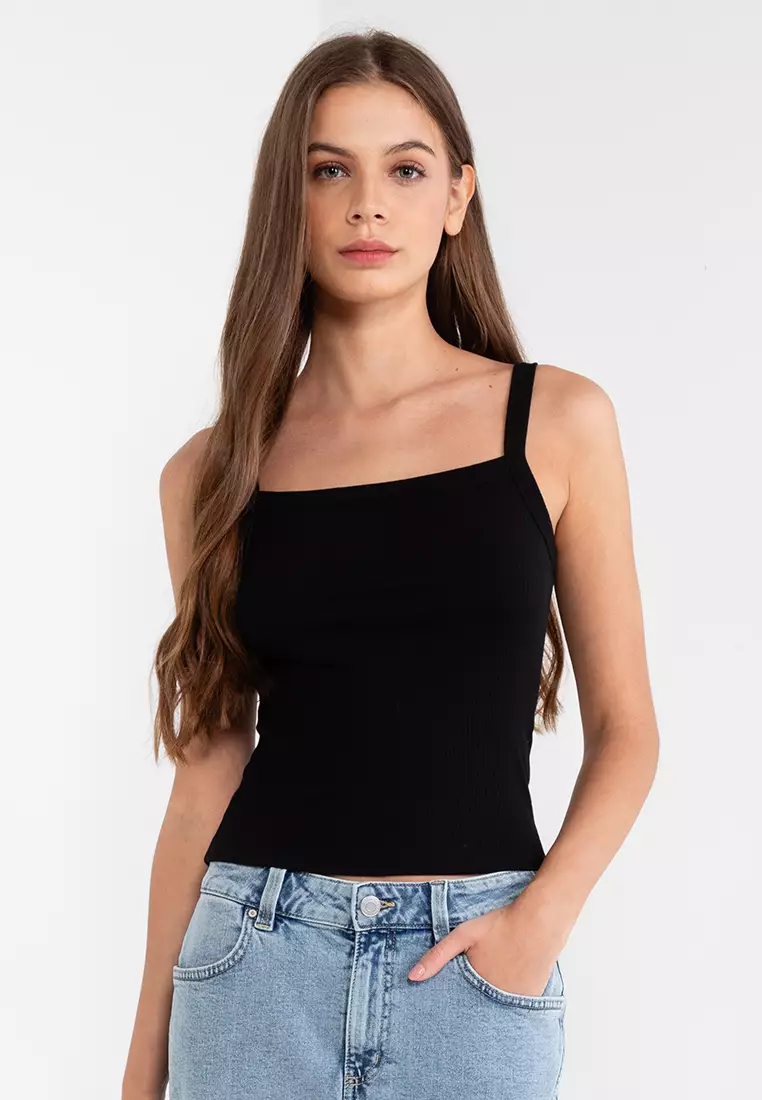 Straight Neck Crop Cami Top Black