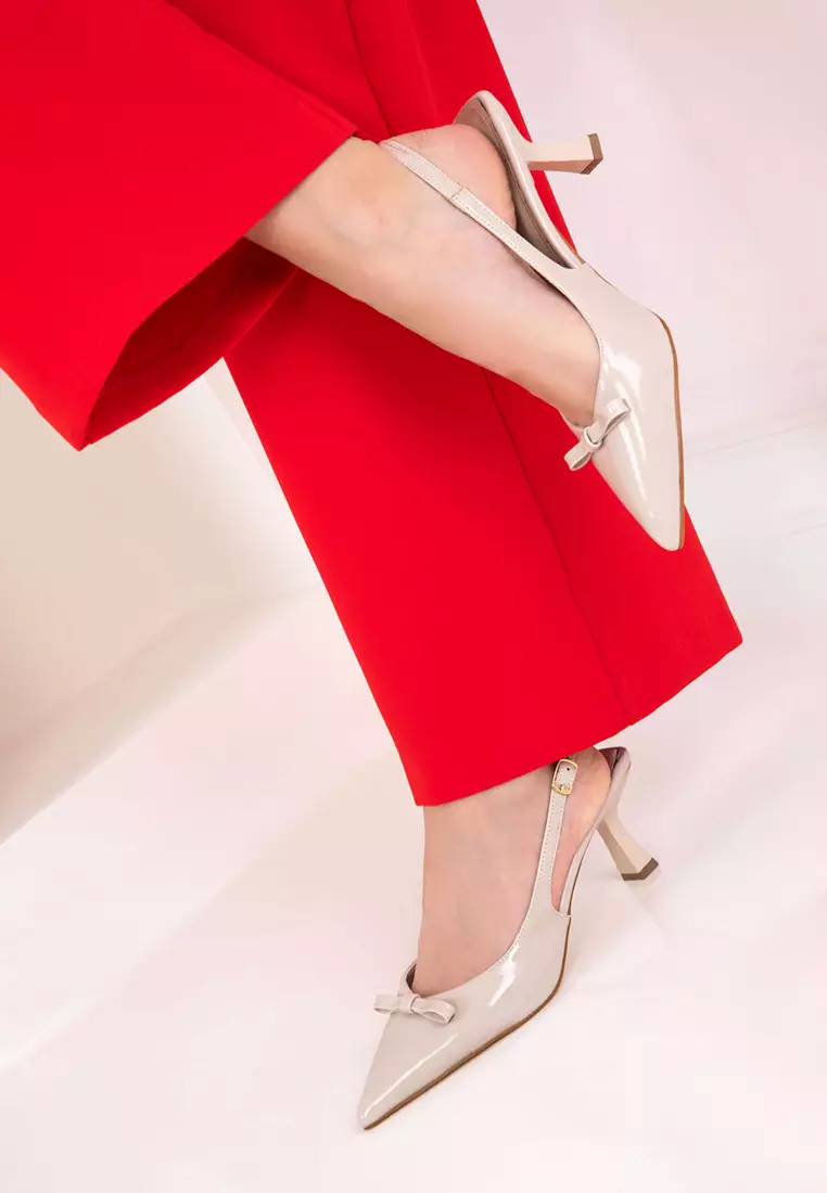 Beige Patent Leather Women's Classic Heeled Shoes 20597