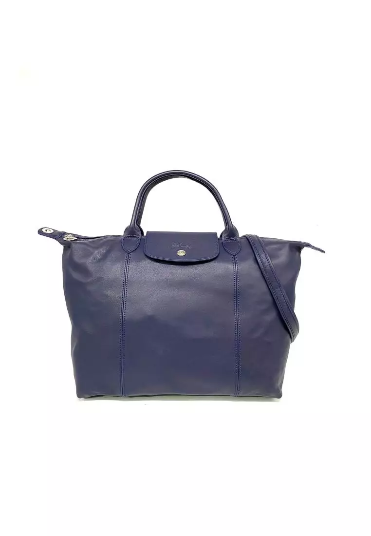 Longchamp Le Pliage Cuir - Top Handle Bag M In Navy