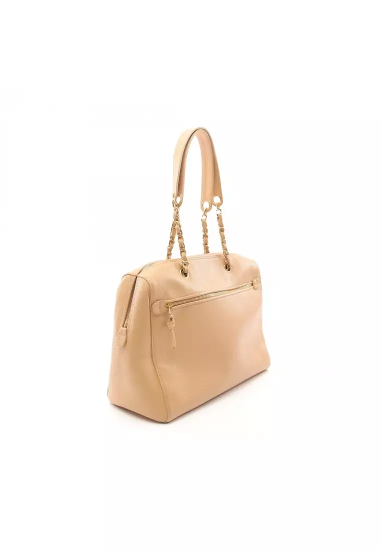 Pre-Loved Chanel coco mark mini boston bag chain handbag Caviar skin beige gold hardware