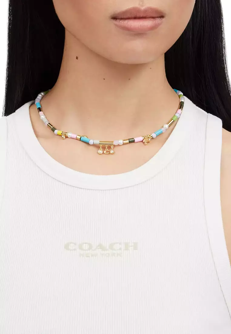 Heart Multi Charm Beaded Necklace in Gold/ Multi CV264