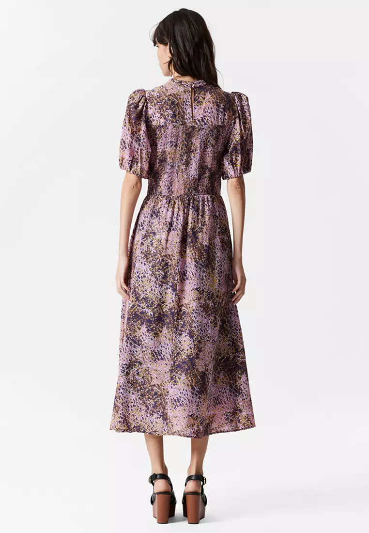 Smocked Puff-Sleeve Midi Dress
