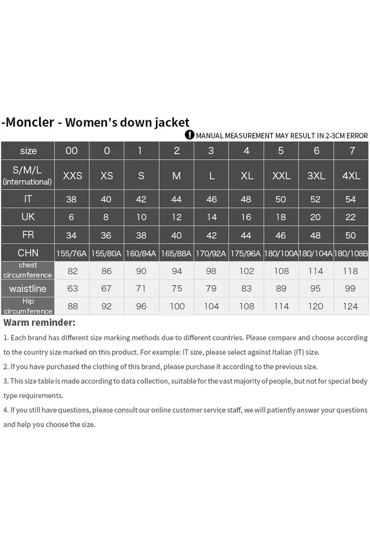 Moncler womens size chart store