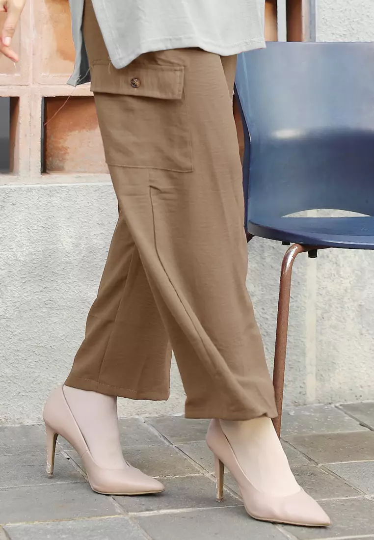 Cotton Bee - Tirana Pants | Celana Wide Legs Wanita | Kulot Basic Pocket - Mocha