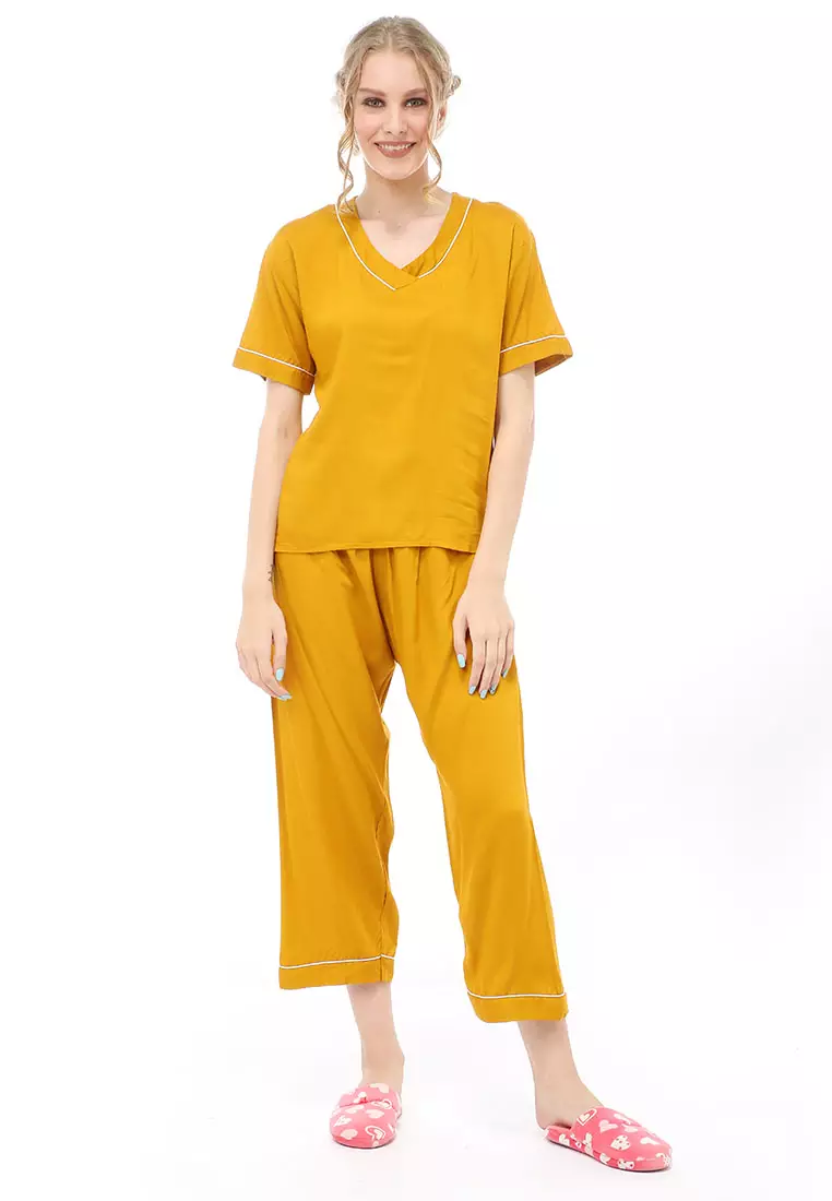 Vance Piyama Setelan Baju Tidur Wanita Lengan Pendek Material Rayon ORIGINAL - Yellow