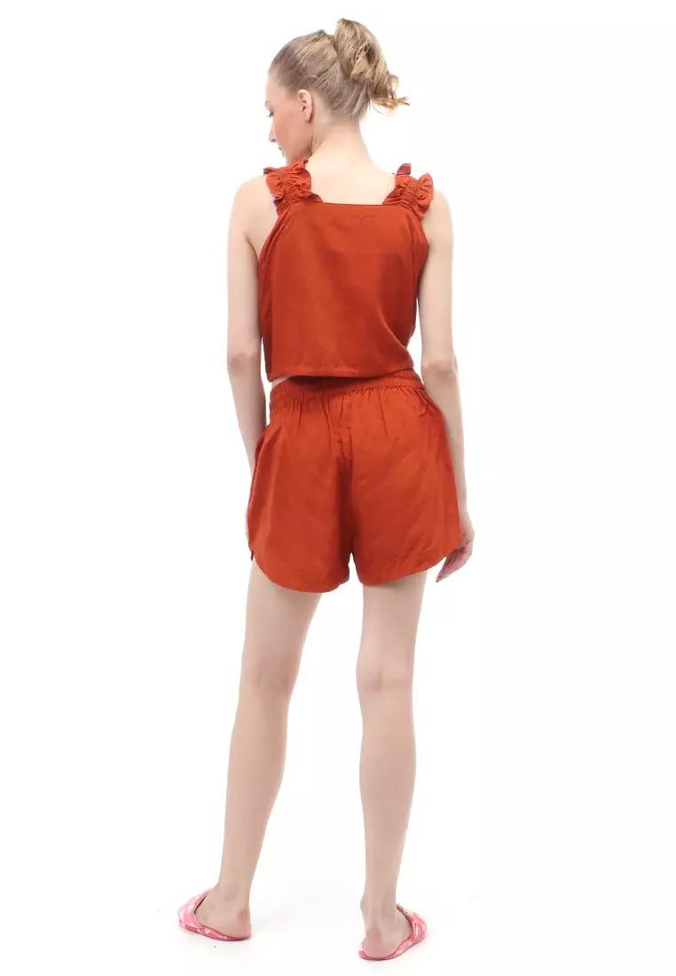 Set Pakaian Wanita Atasan Bawahan Design Serut Relaxed Fit - Brick