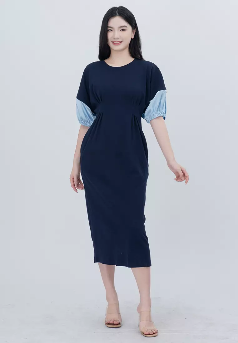 针织泡泡袖可伸缩中长款连衣裙