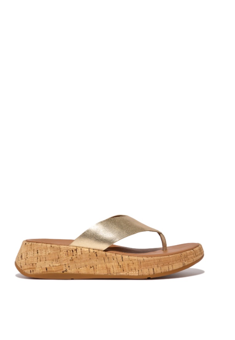FitFlop F-MODE Women's Metallic Leather Cork Flatform Toe-Post Sandals - Platino (FT7-675)