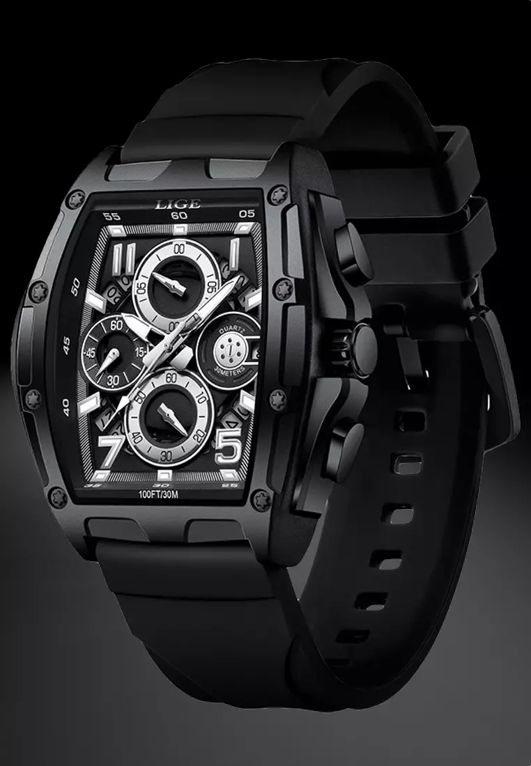 Unisex Tonneau Shaped IP Black Stainless Steel Quartz Watch on Rubber Strap