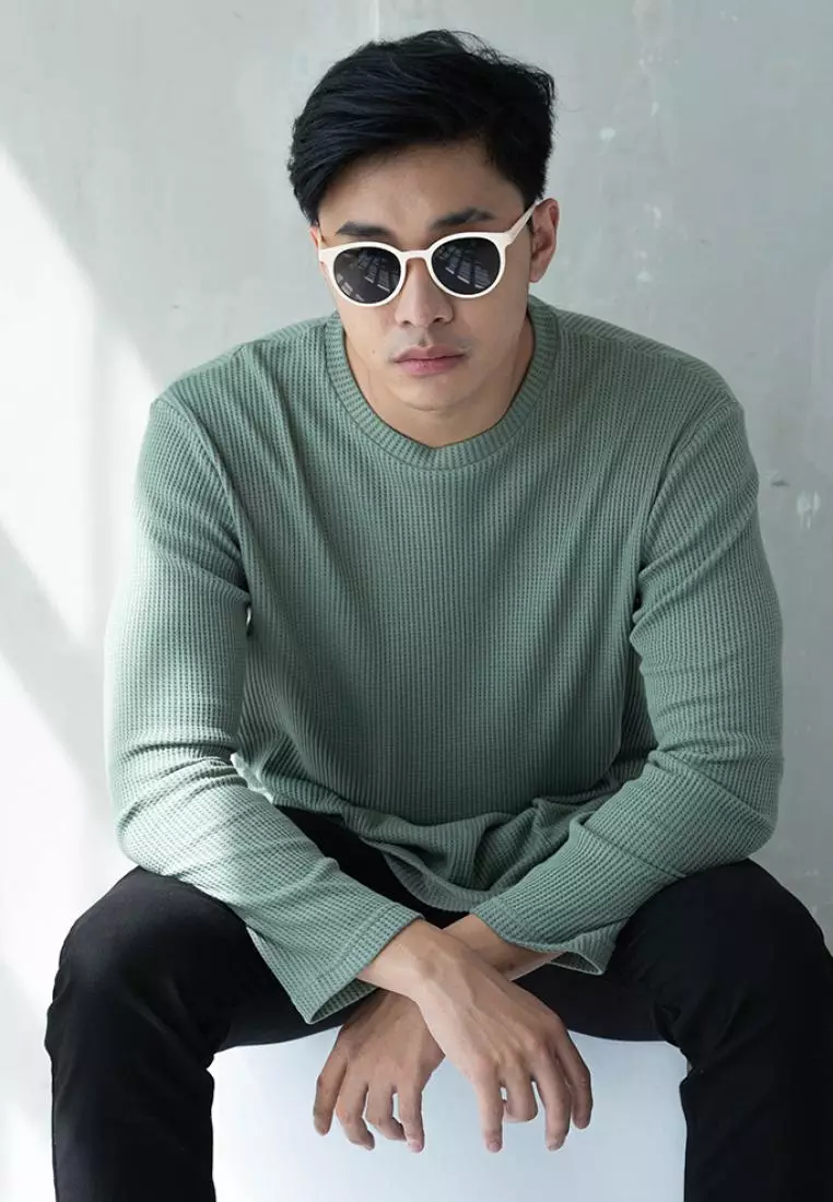 Kale Raffle Green Atasan Kaos Unisex Atasan Kaos Pria Atasan Hijau Kaos Kaos Polos Tekstur Lengan Panjang