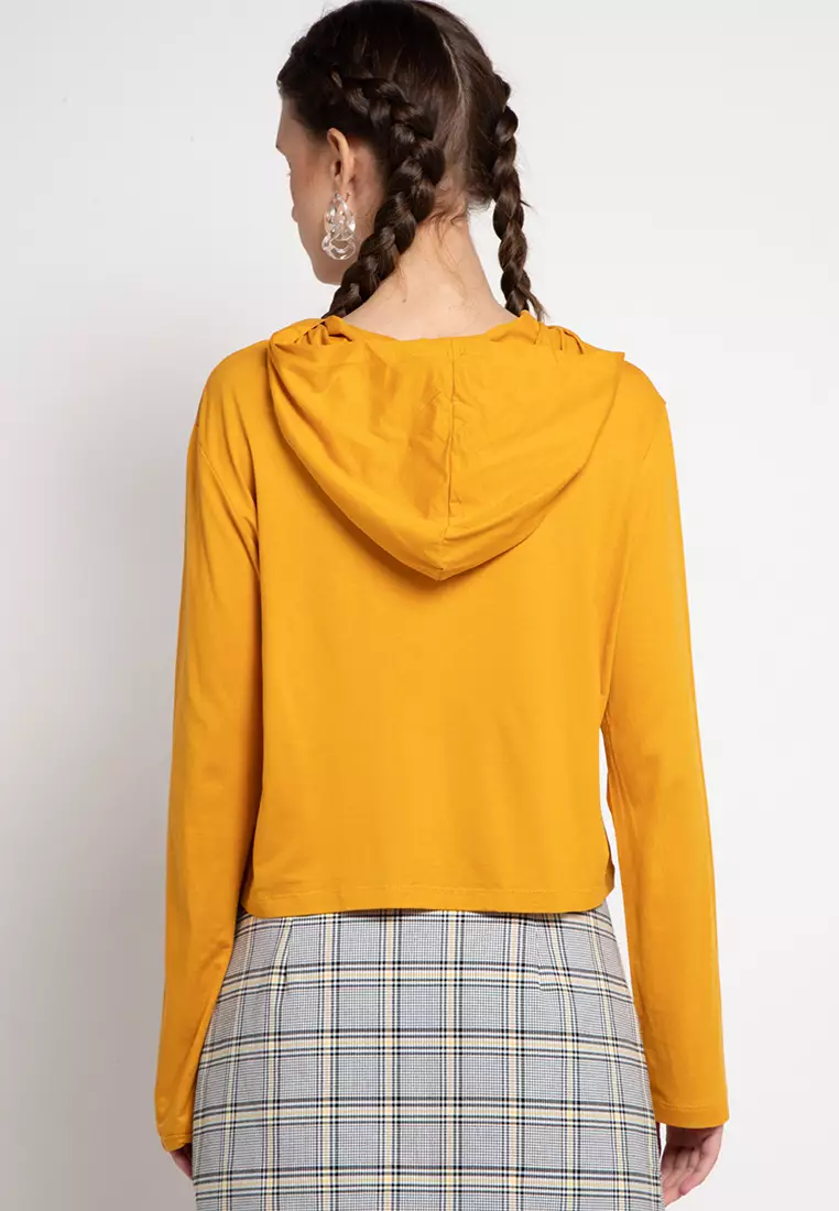 LTC29 Crop Top Hoodie Logo Outline Kuning Mustard Lengan Panjang