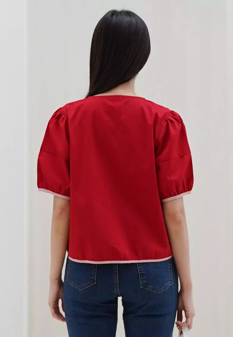 Ovayna Ribbon Short Sleeve Blouse in Red