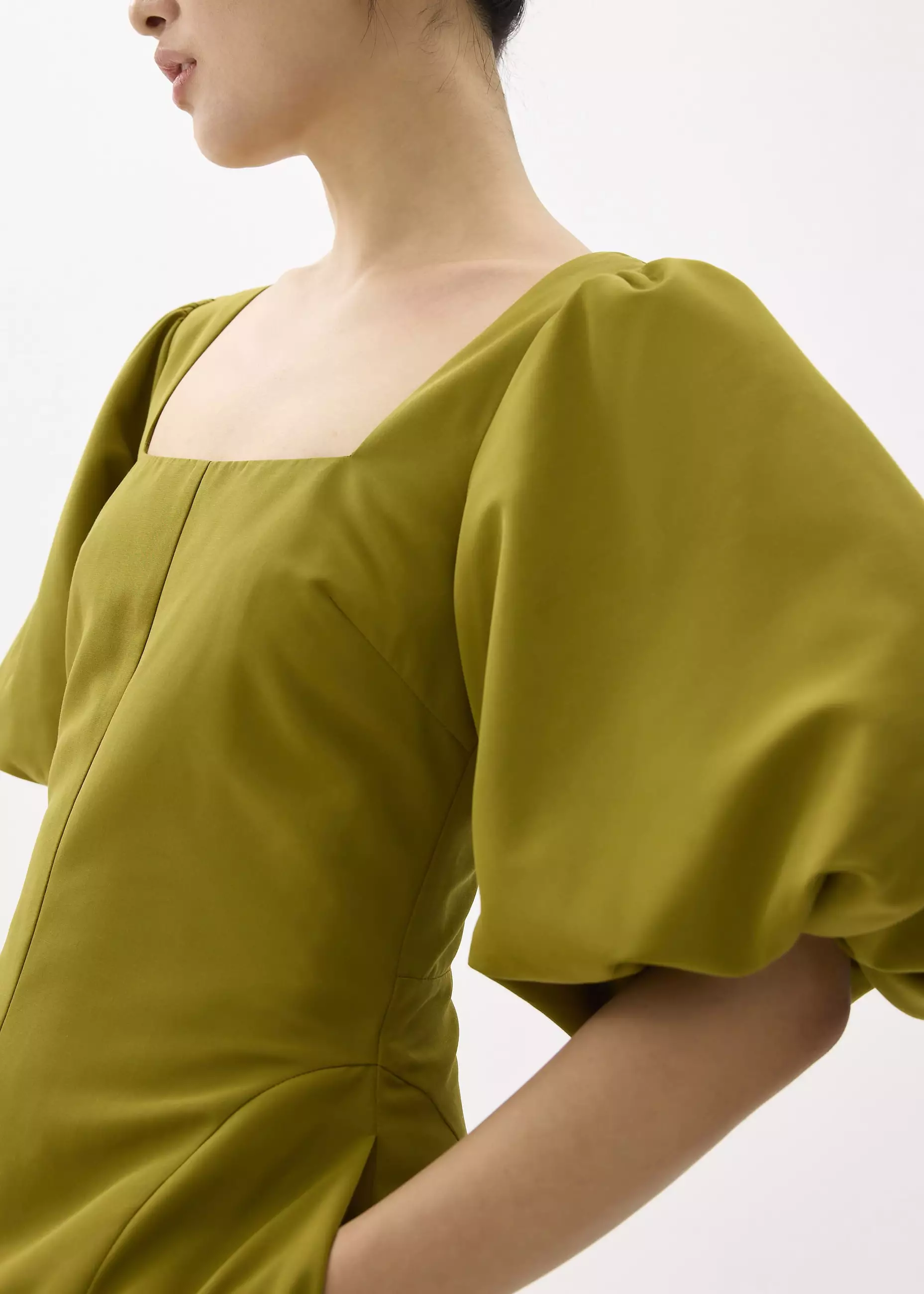 Dress Wanita - Padded Square Neck Puff Sleeve Midi Dress