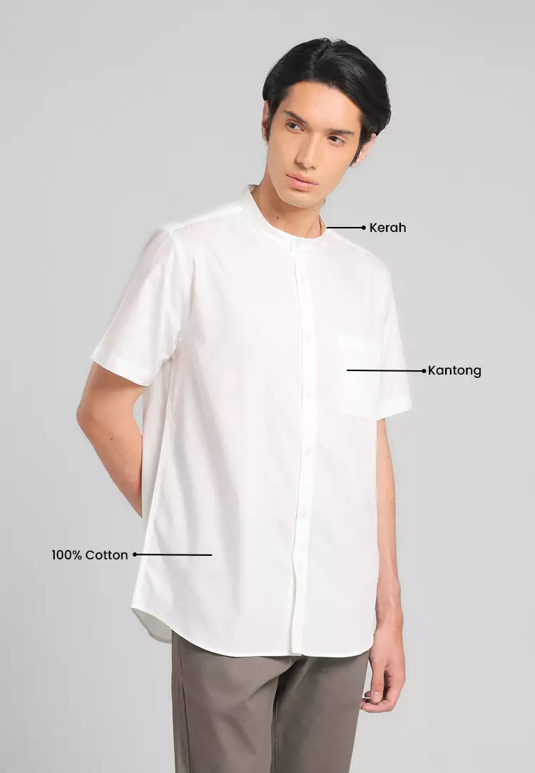 MANZONE X Adipati Dolken - Kemeja Koko Kerah Shanghai Lengan Pendek Pria Maysa Modern Fit - White Warna White