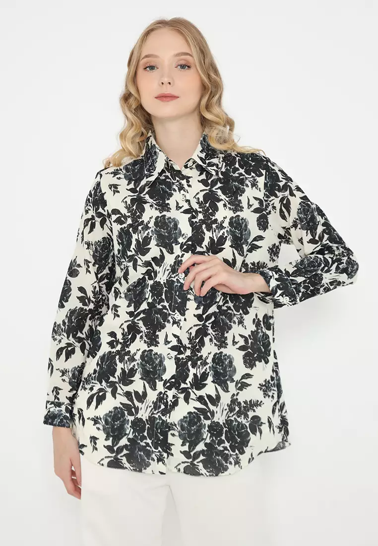 Cotton Shirt With Rose Pattern In White By Brilliant Girl Warna PUTIH