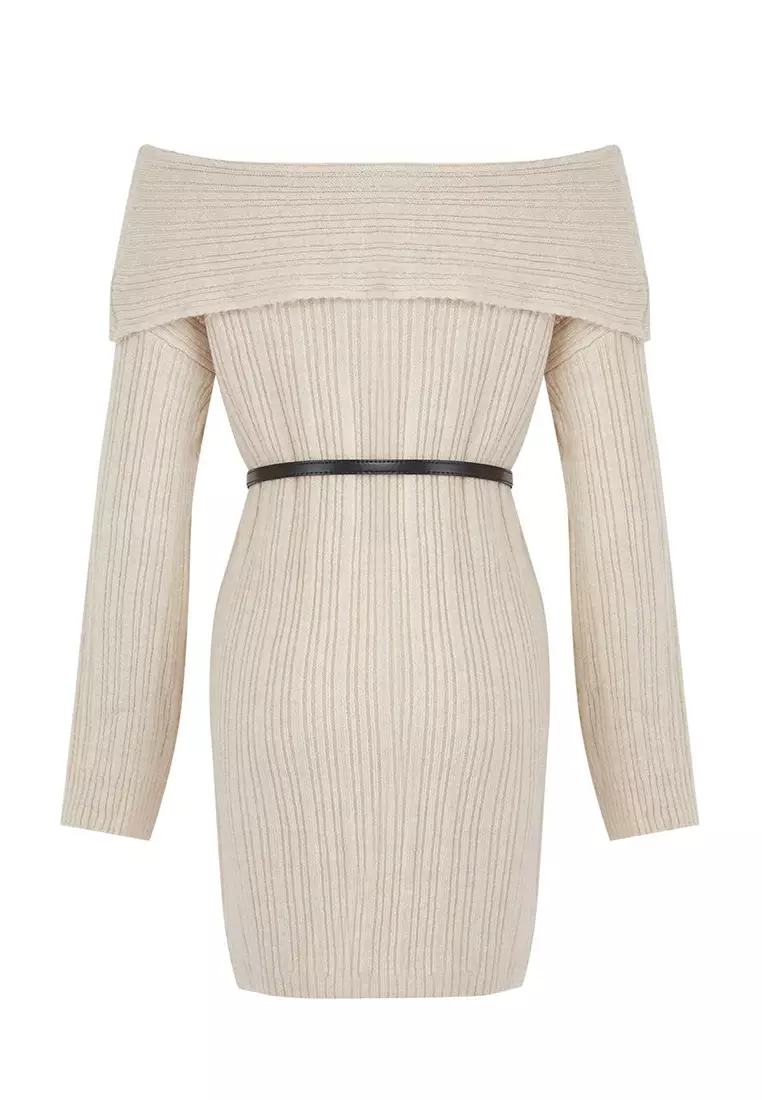 Stone Plain Mini Soft Texture Carmen Collar Knit Dress