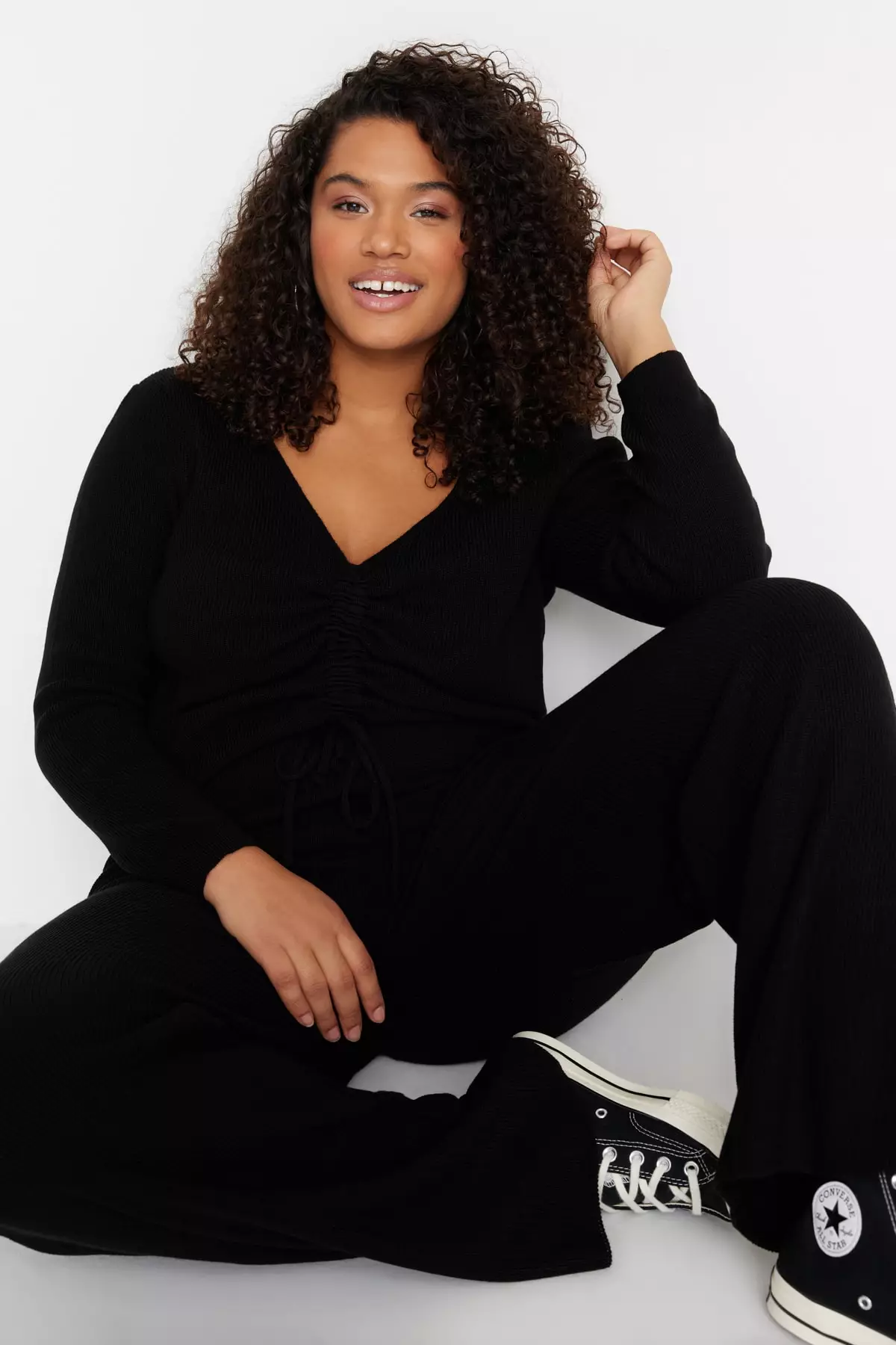 Plus Size V-Neck Tie Top & Elastic Pants Set