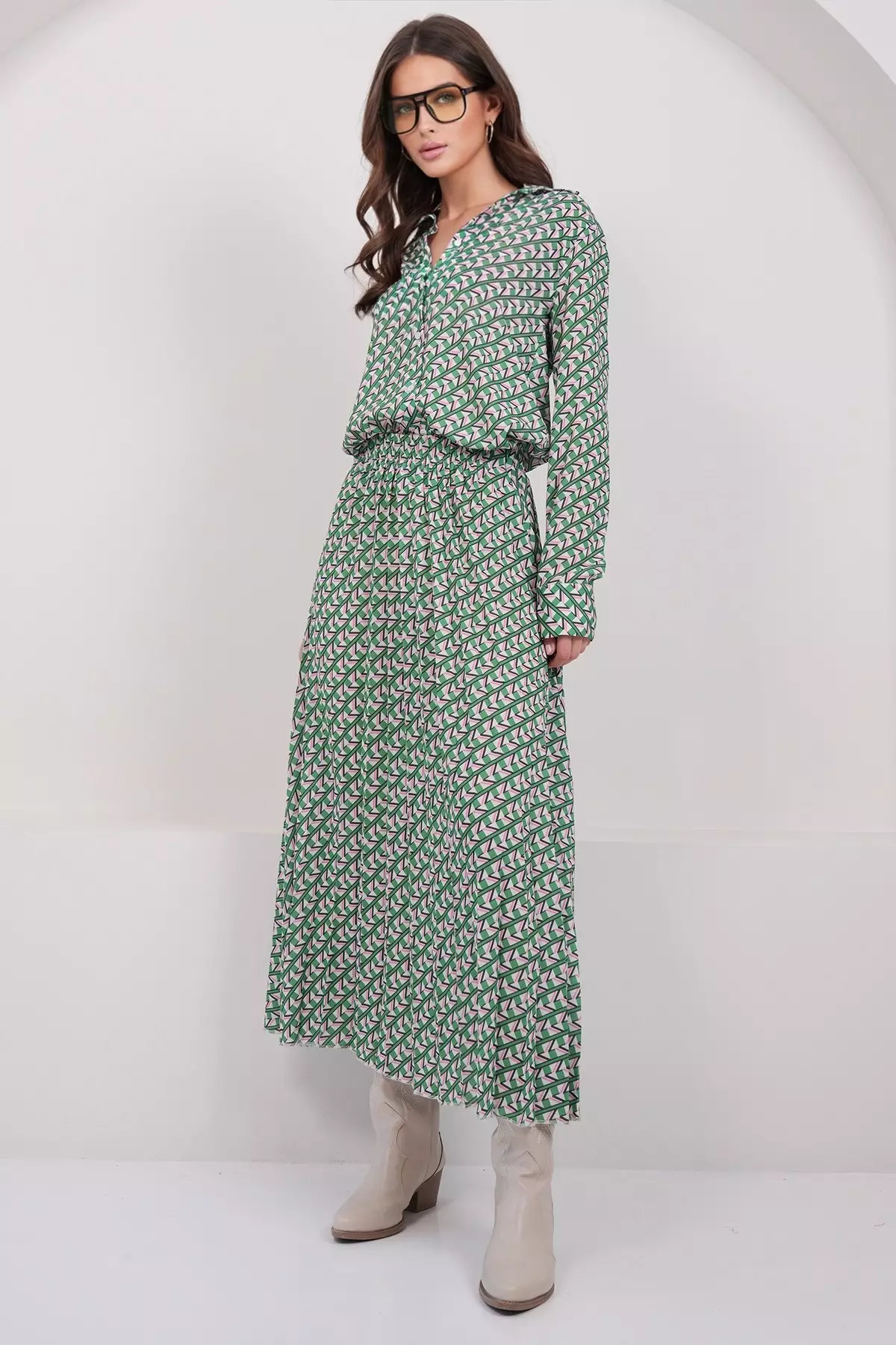 Green-Fuchsia Wide Cuff Oversized Patterned Shirt And Maxi Skirt Set