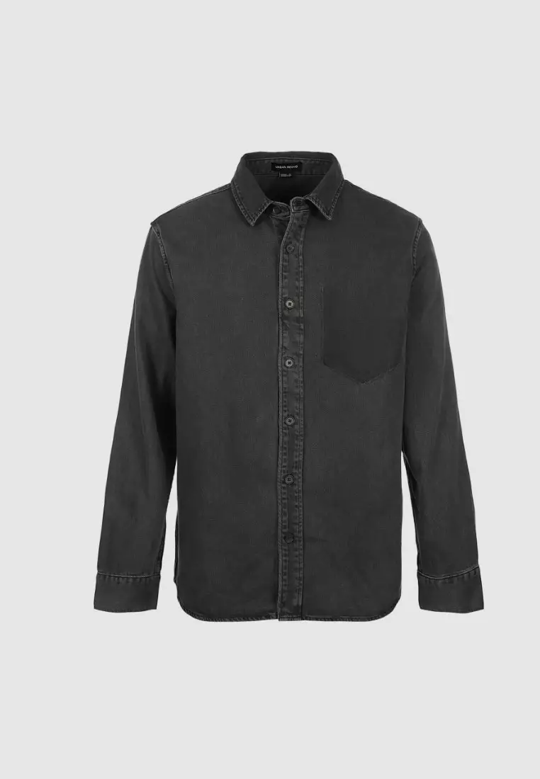 Mens black denim shirt long sleeve cheap