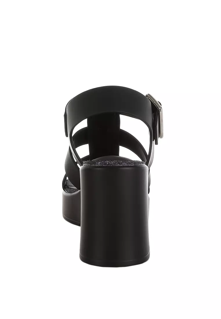 Chunky Pin Buckle Platform Heels in Black