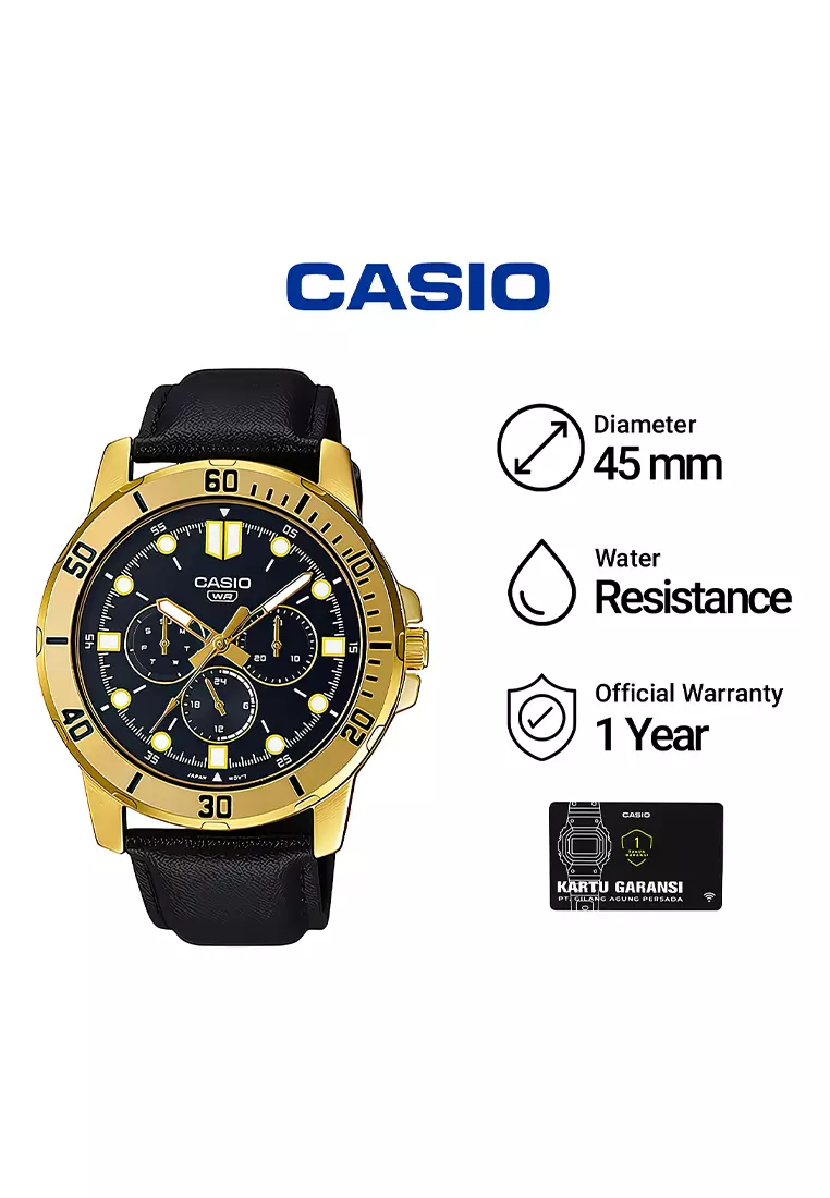 Casio Jam Tangan Analog Pria Gold Case Black Leather Strap - MTP-VD300GL-1E