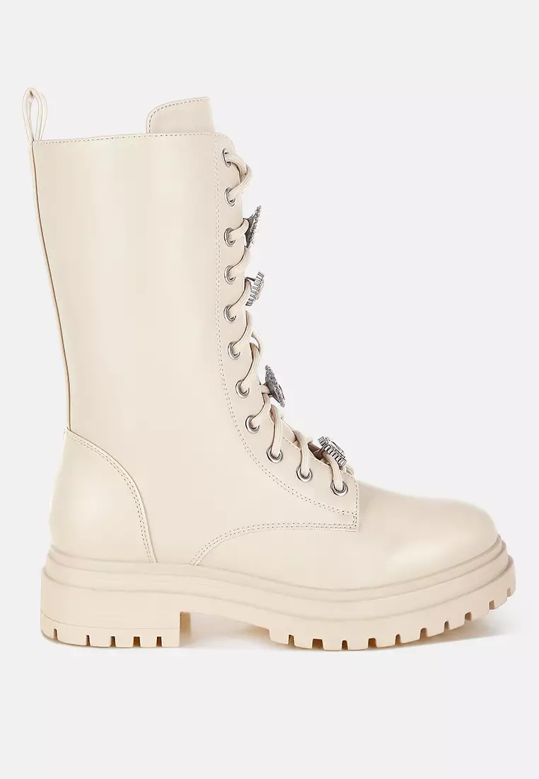 Rhinestone jewelled Chunky Boots in Beige