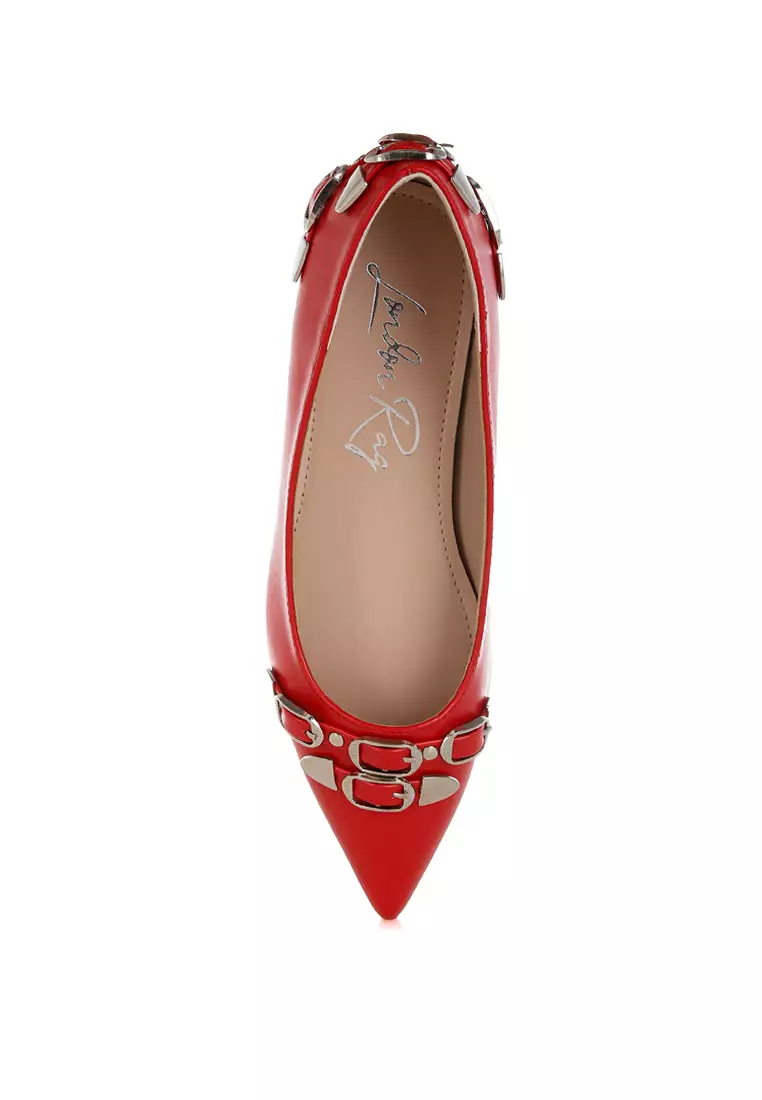 Belt Buckle Detail Ballerinas In Red