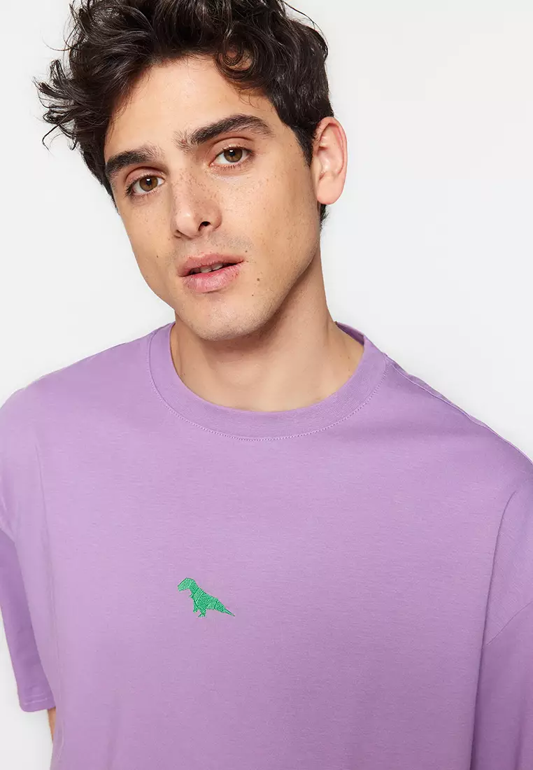 Crew Neck Short Sleeve Dinosaur Embroidered T-Shirt