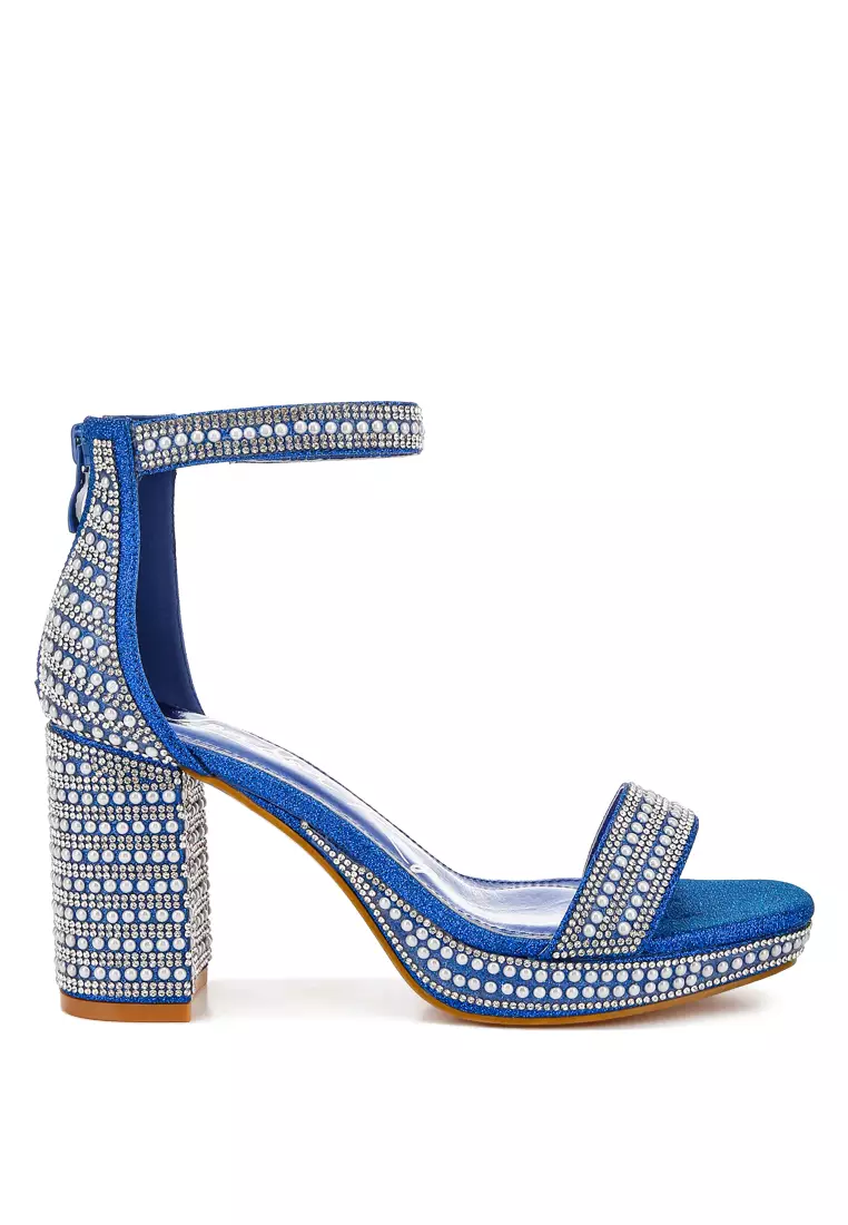 Sandal Berlian Imitasi Dan Hiasan Mutiara Warna Biru