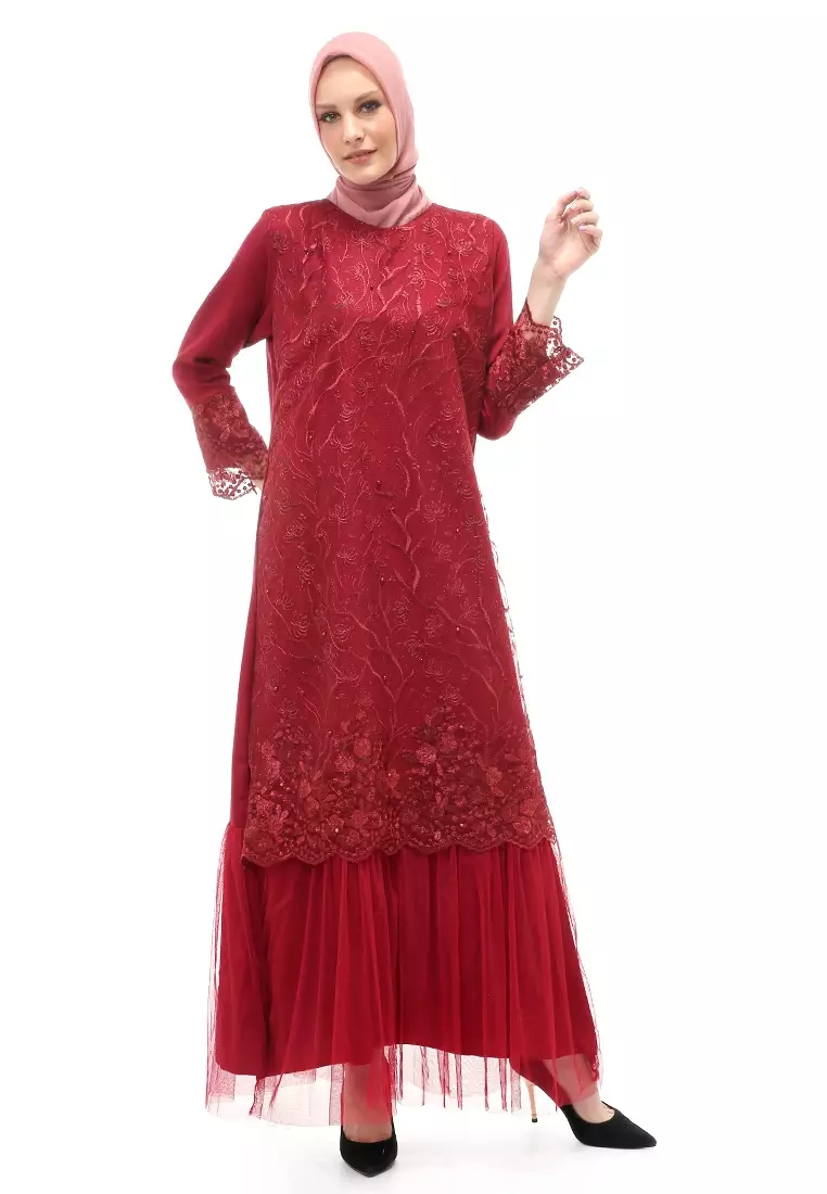 Diana Gamis Brukat Wanita Muslimah Lapis Moscrepe Premium Quality - Maroon