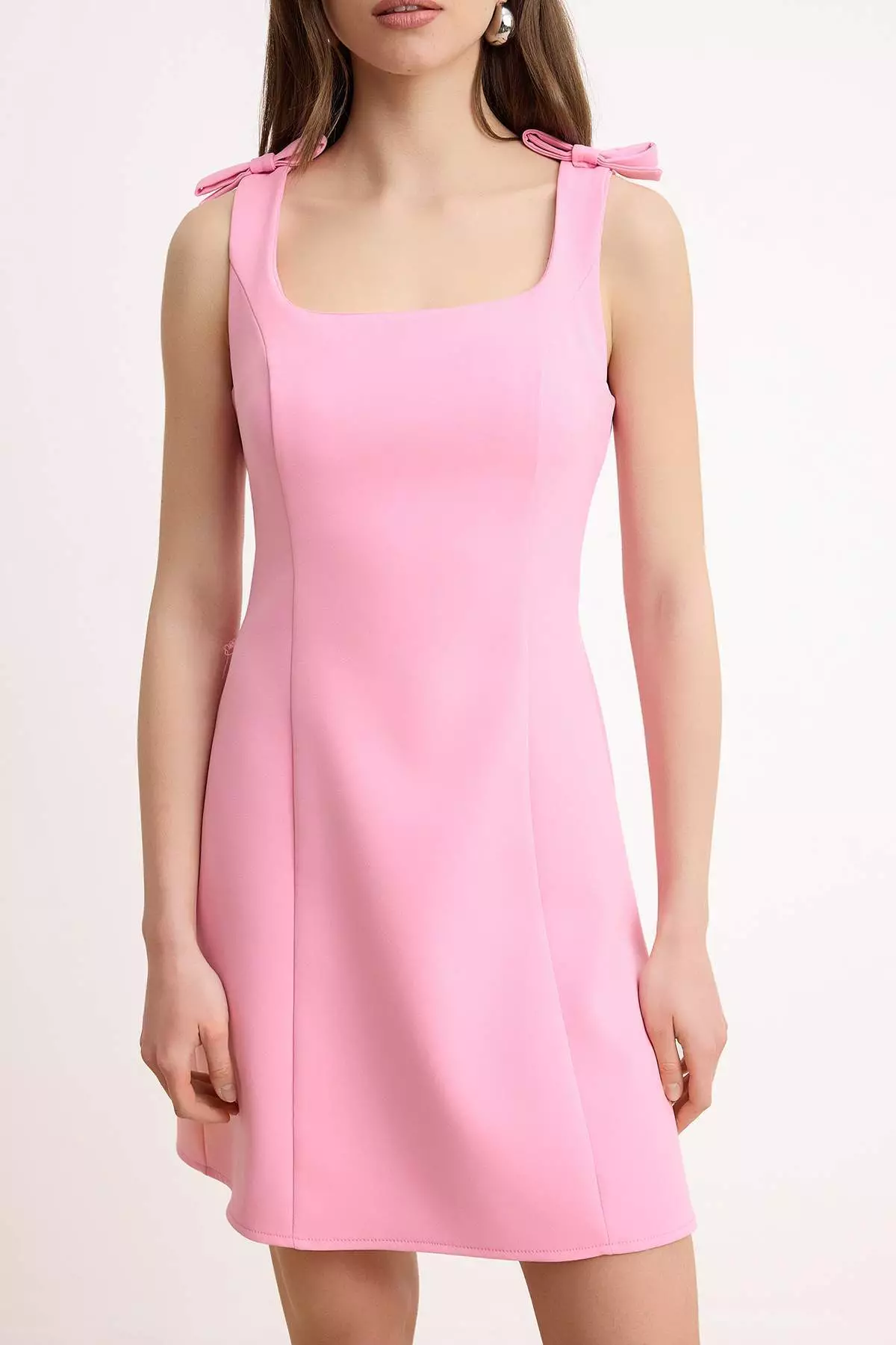 Light Pink Plain A-Line Bow Short / Mini Woven Dress Twoss25El267