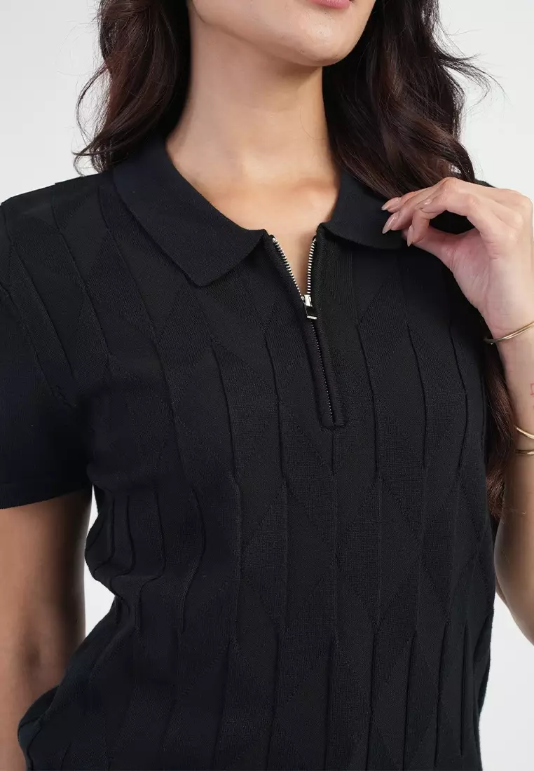 Maren Short Sleeves Polo Neck Diamond Knit Zip Top