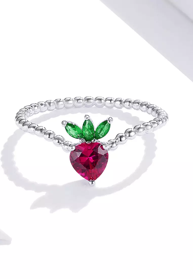 Solid 925 Sterling Silver Strawberry Ball Chain Ring