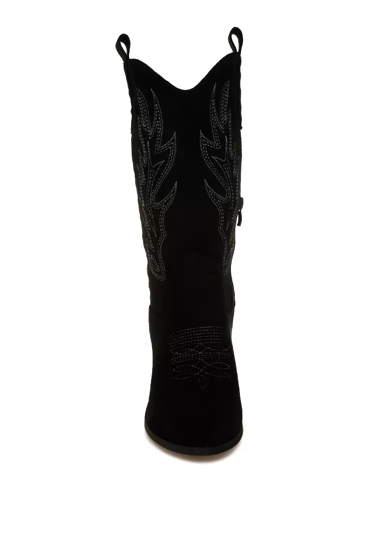 Embroidery Detail Cowboy Boots in Black