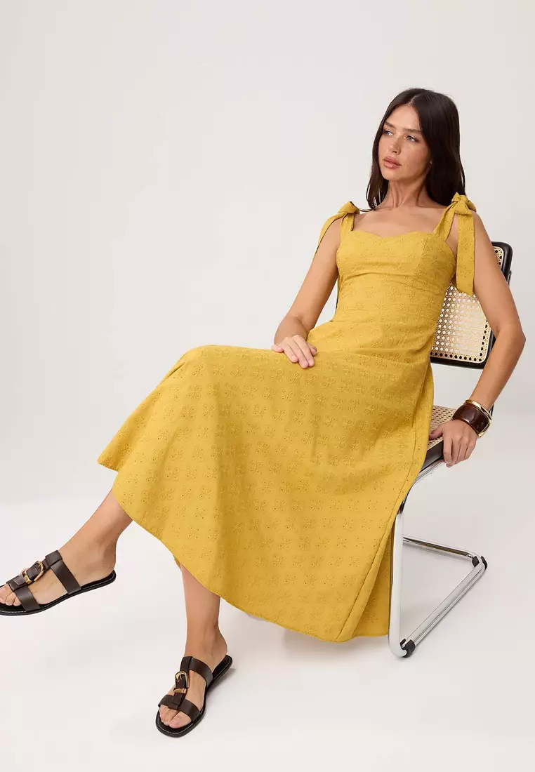 Mustard Plain Tie Detail Maxi Woven Dress Twoss25El863