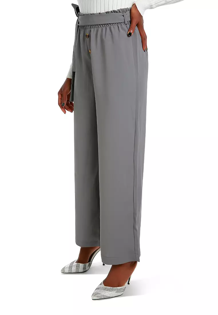 Grey Multi Button High Waisted Pants