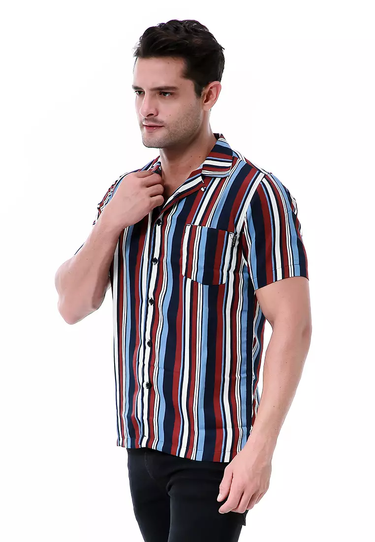 Leopold Atasan Pria Kemeja Motif Salur Lengan Pendek Material Cotton ORIGINAL - Navy Maroon