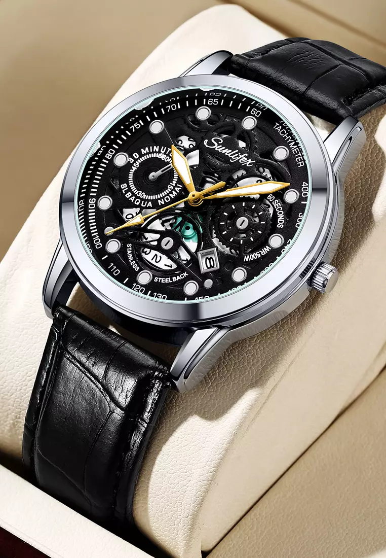 Jam Tangan Pria Dial Berongga Anti Air Kuarsa Tali Kulit Jam Pria Original Santai Mode Jam Tangan Cowok 7001 all black