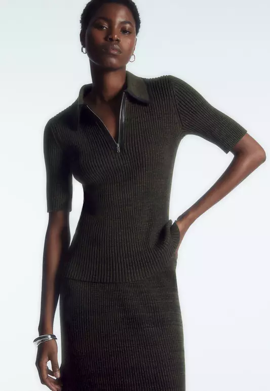 Leather-Trimmed Short-Sleeved Wool Polo Shirt