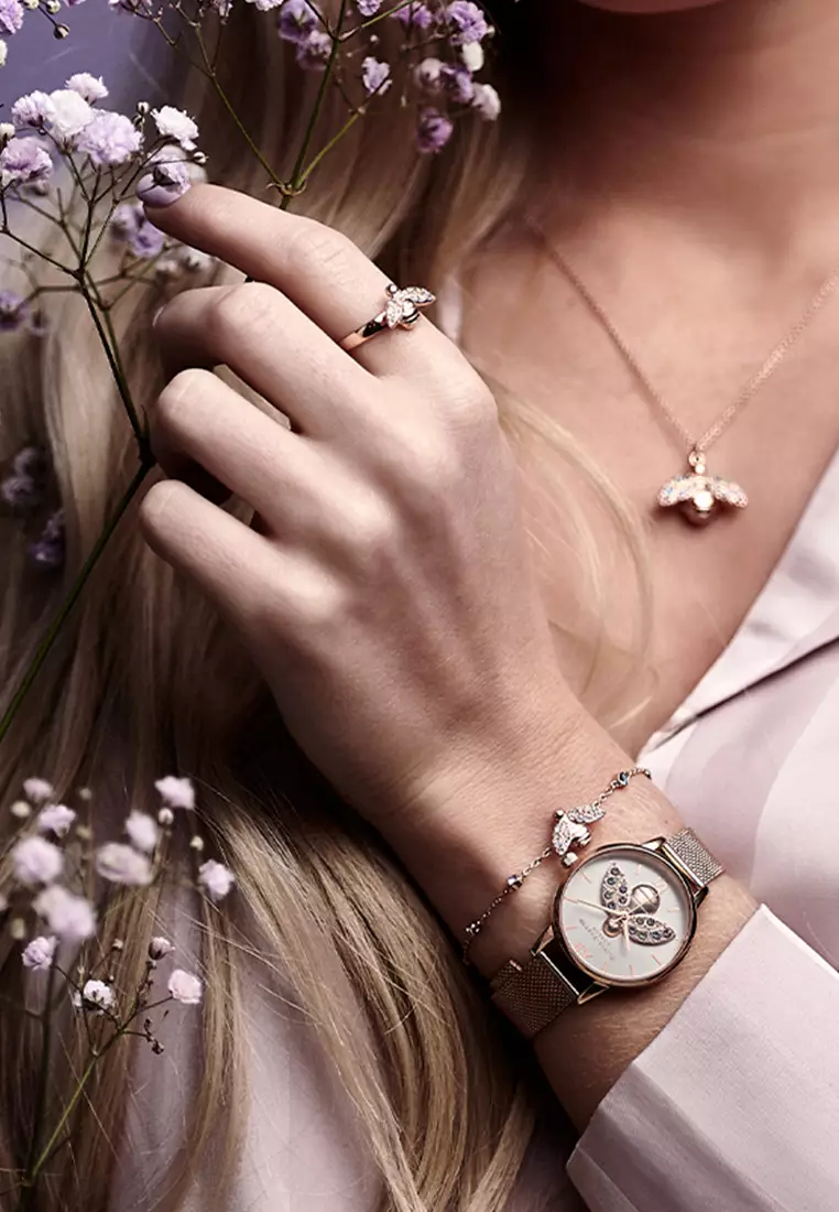 Jam Tangan Wanita Olivia Burton Rainbow Bee OB16RB28 Sunray Dial Rose Gold Mesh Strap
