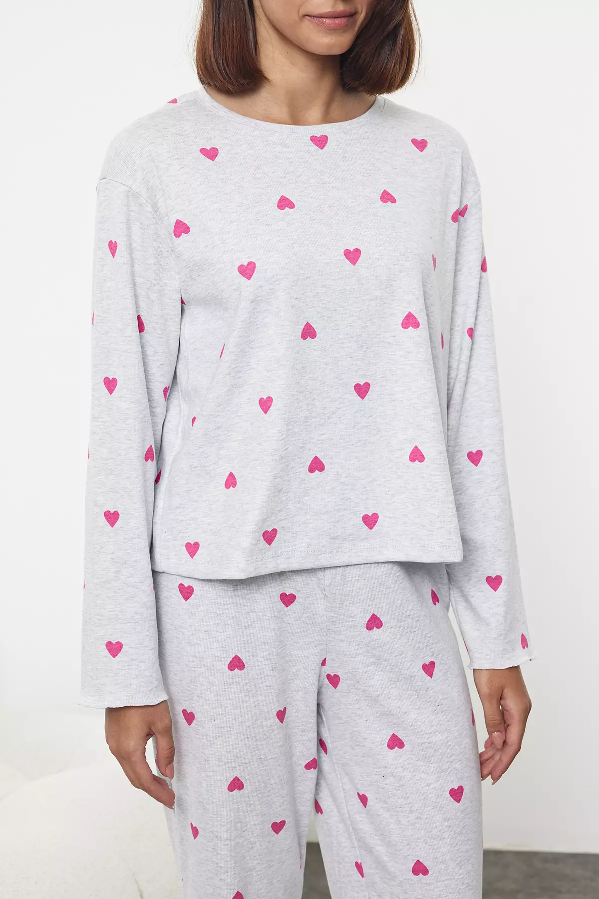 Grey Melange Heart Slogan Printed Elastic Knitted Pajama Set