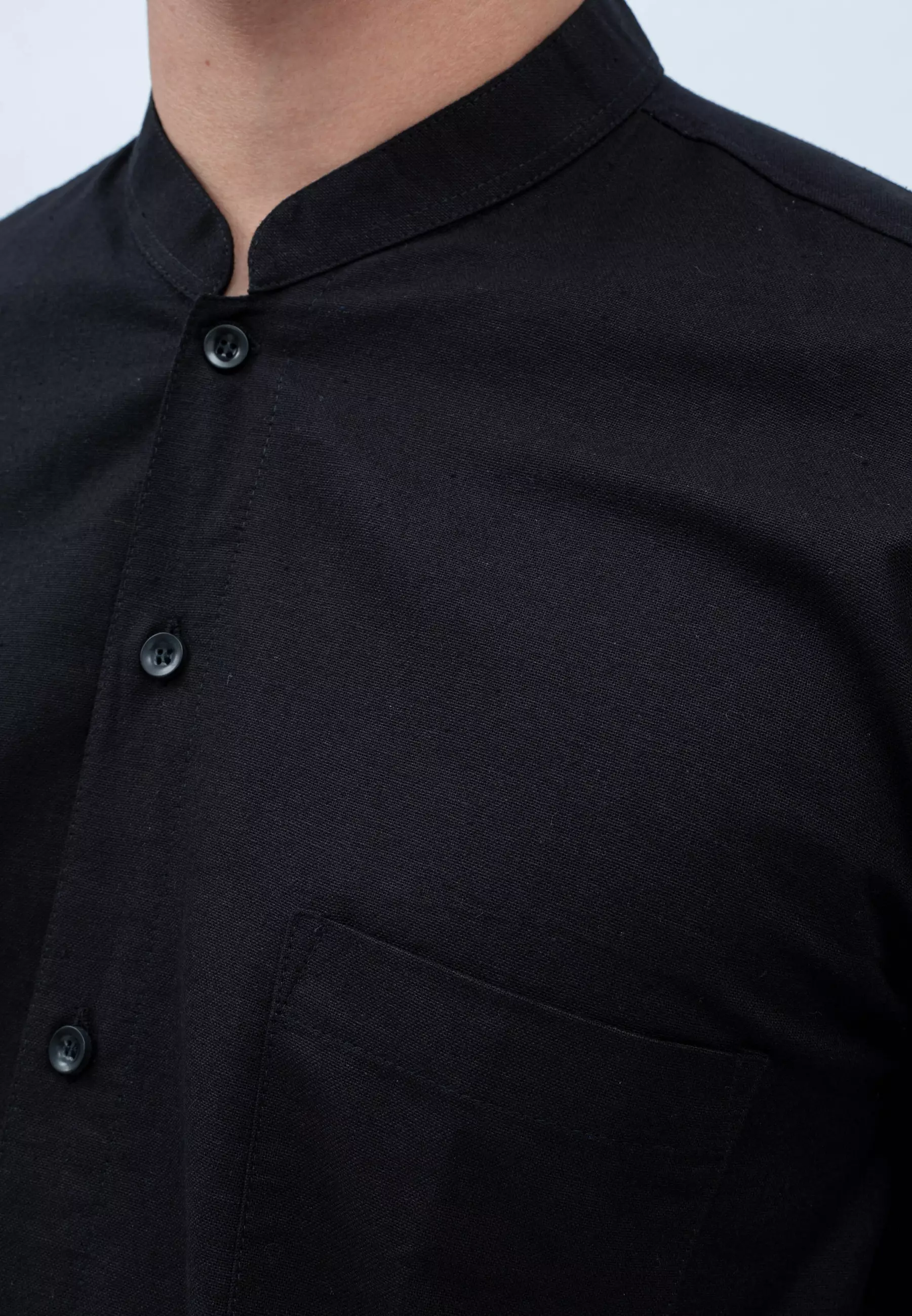 Houseofcuff kemeja Koko Lengan Panjang Pria Hitam Saku Polos