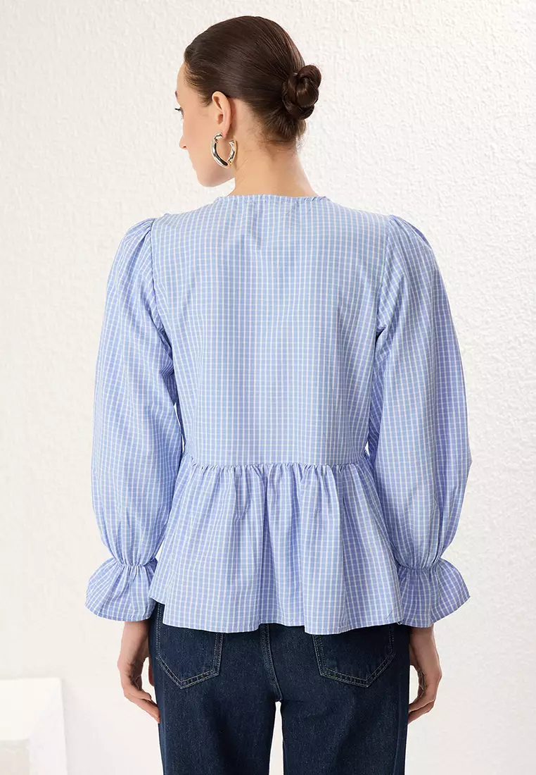 Blue Checkered V Neck Front Tie Detailed Woven Blouse