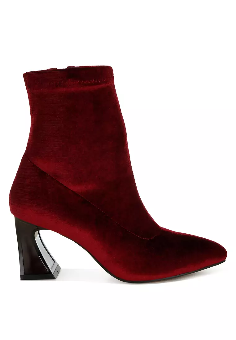 Buy London Rag Burgundy Flared Block Heel Velvet Boots 2026 Online | ZALORA