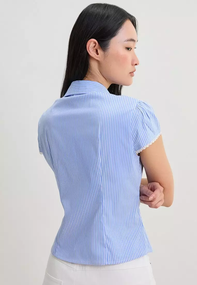 Lace Trim Stripe Fitted Blouse - Blue