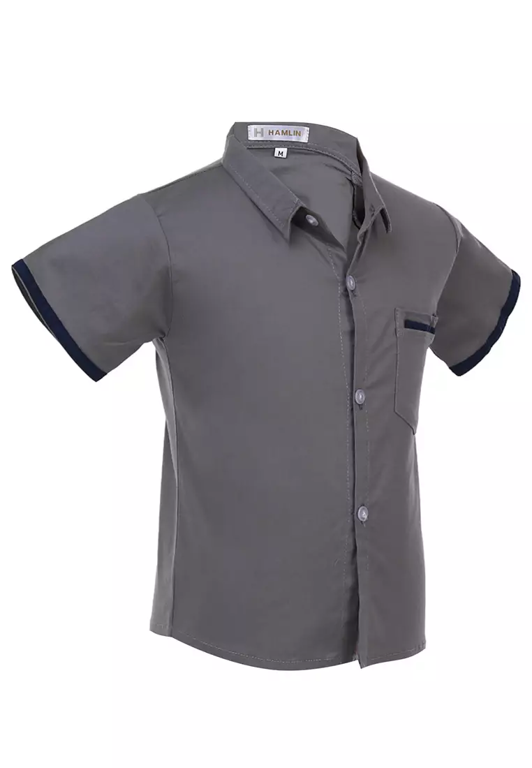 Juste Kemeja Formal Anak Laki-laki Motif Polos Kids Shirt Short Sleeve Material Cotton ORIGINAL - Gray