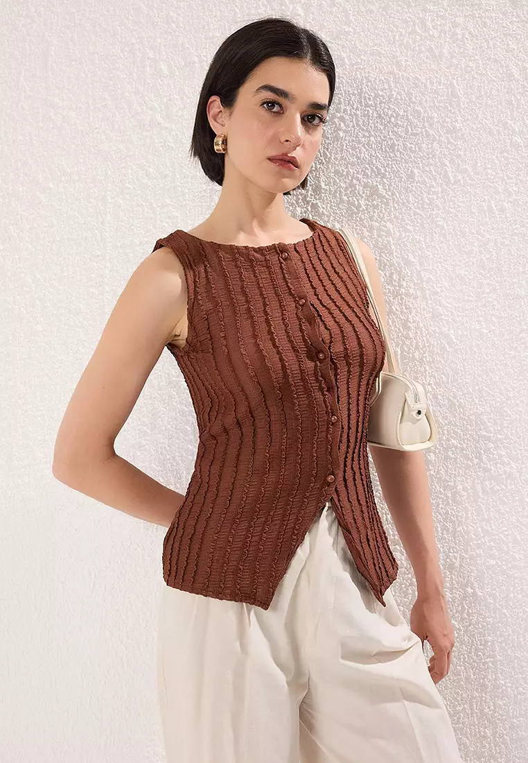 Brown Knitwear Look Regular/Normal Fit Knitted Blouse Twoss25Bz00385